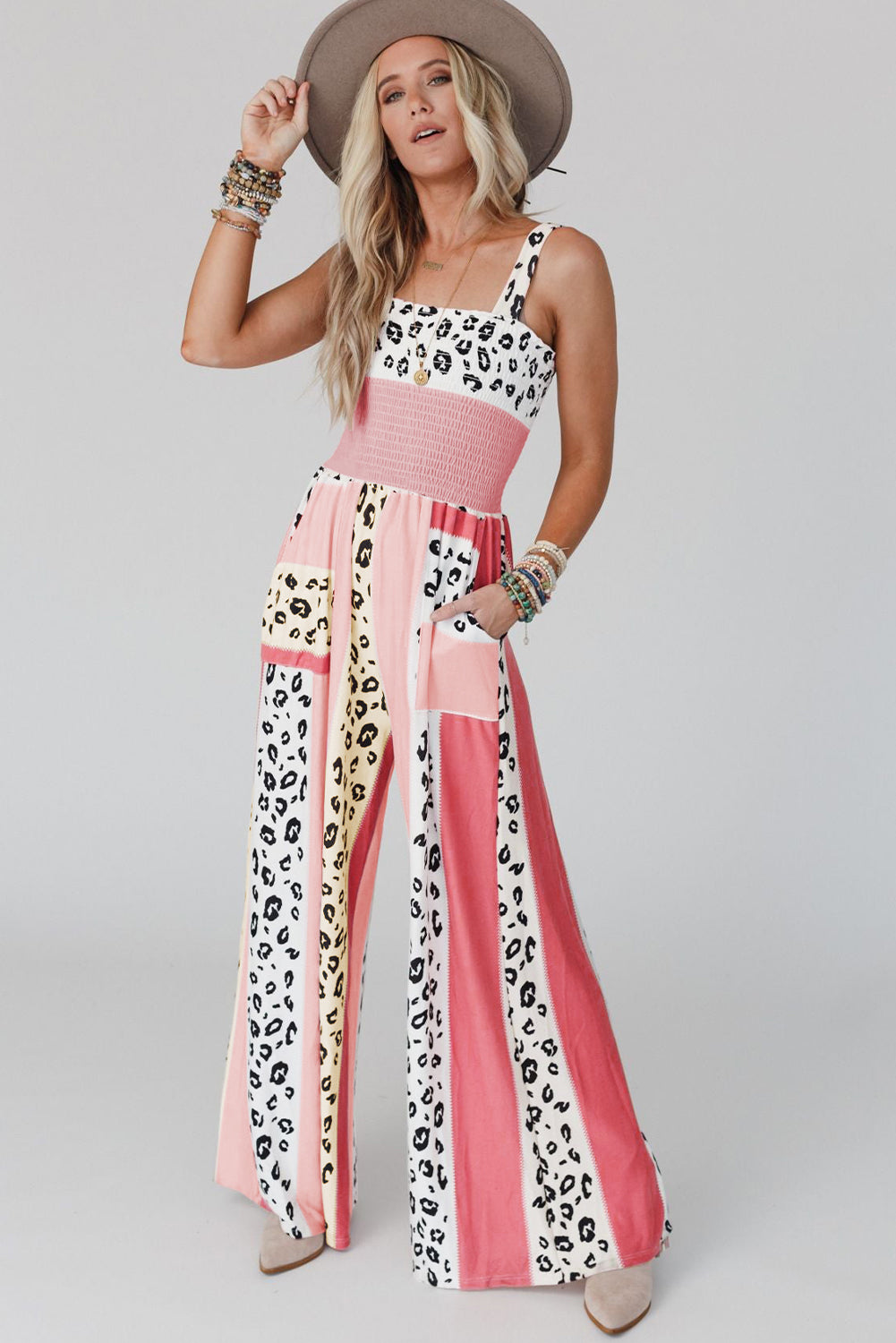 Red Leopard Color Block Mix Print Straps Jumpsuit