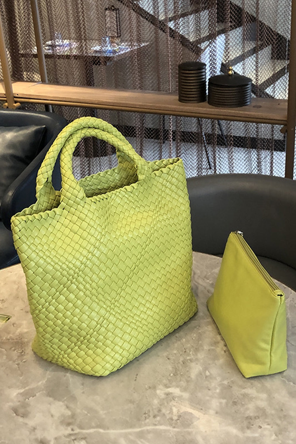 Pear Green Solid Color Woven Handbag with Pouch