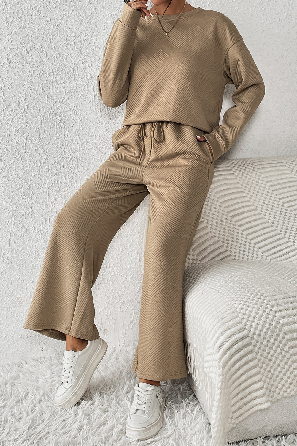 Beige Textured Loose Slouchy Long Sleeve Top and Pants Set