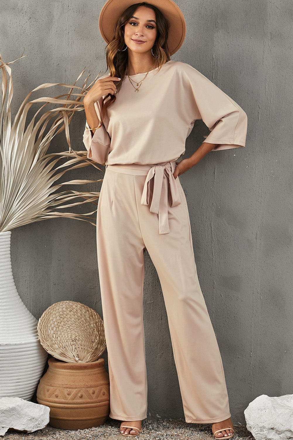 Apricot Boat Neck Knot Wide Leg Jumpsuit