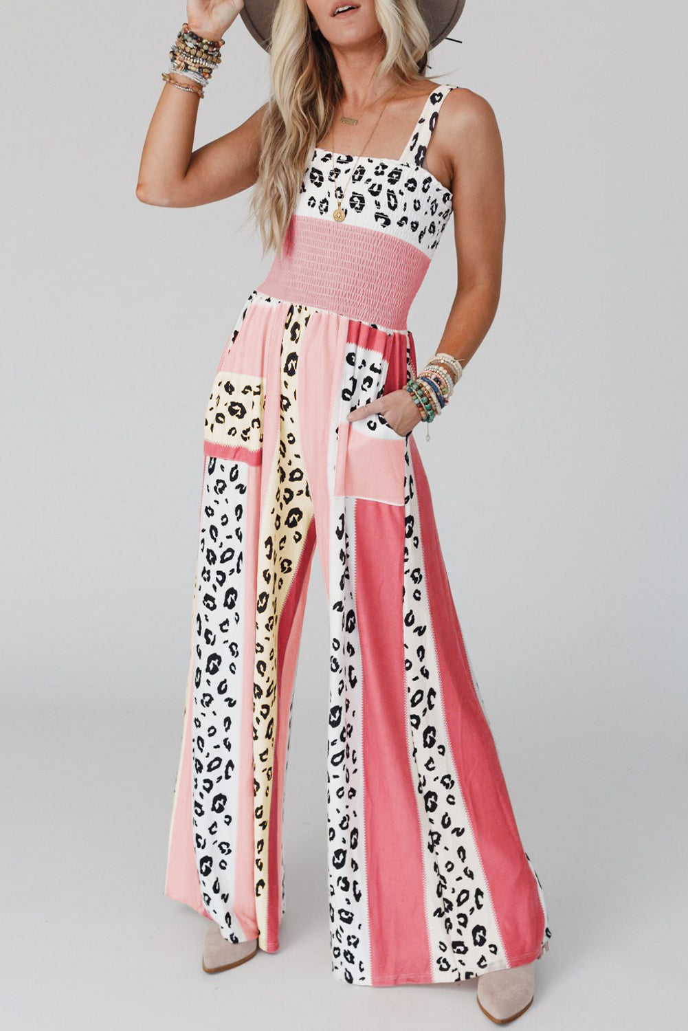 Red Leopard Color Block Mix Print Straps Jumpsuit