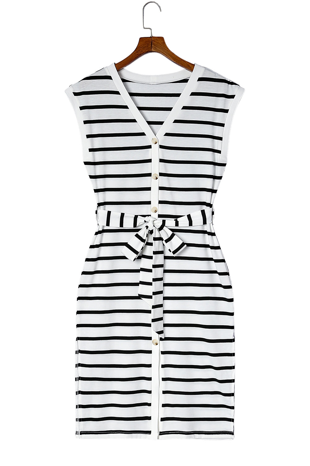 Striped Button Belted Casual V-Neck Midi Dress