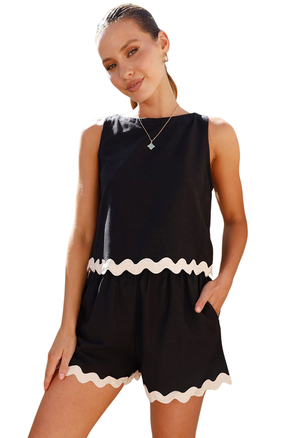 Black Ricrac Applique Sleeveless Top and Pocketed Shorts Set