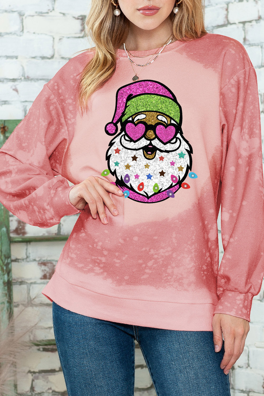 Pink Christmas Santa Claus Bleached Crewneck Graphic Sweatshirt