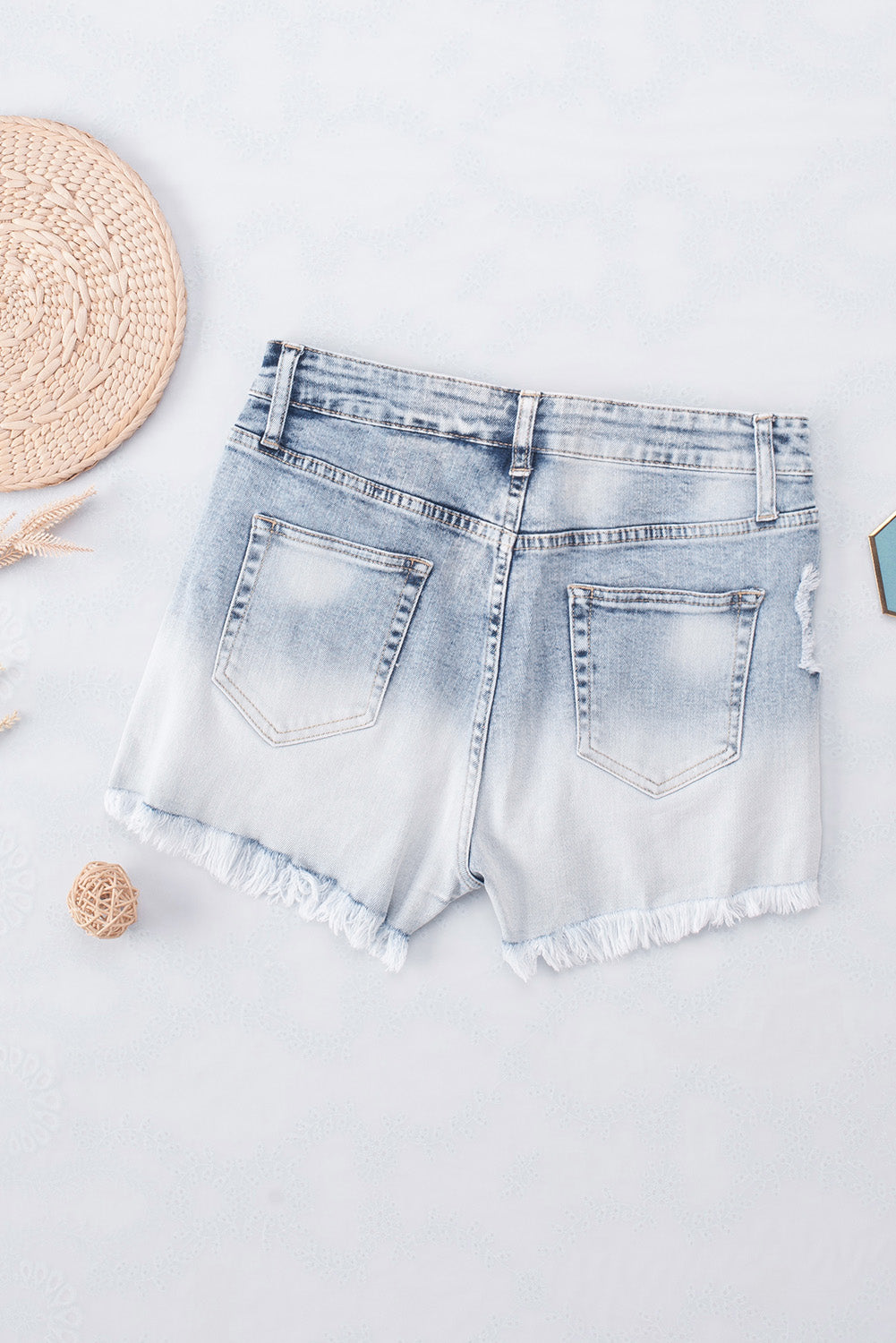 Light Blue Bleached Wash Distressed Denim Shorts