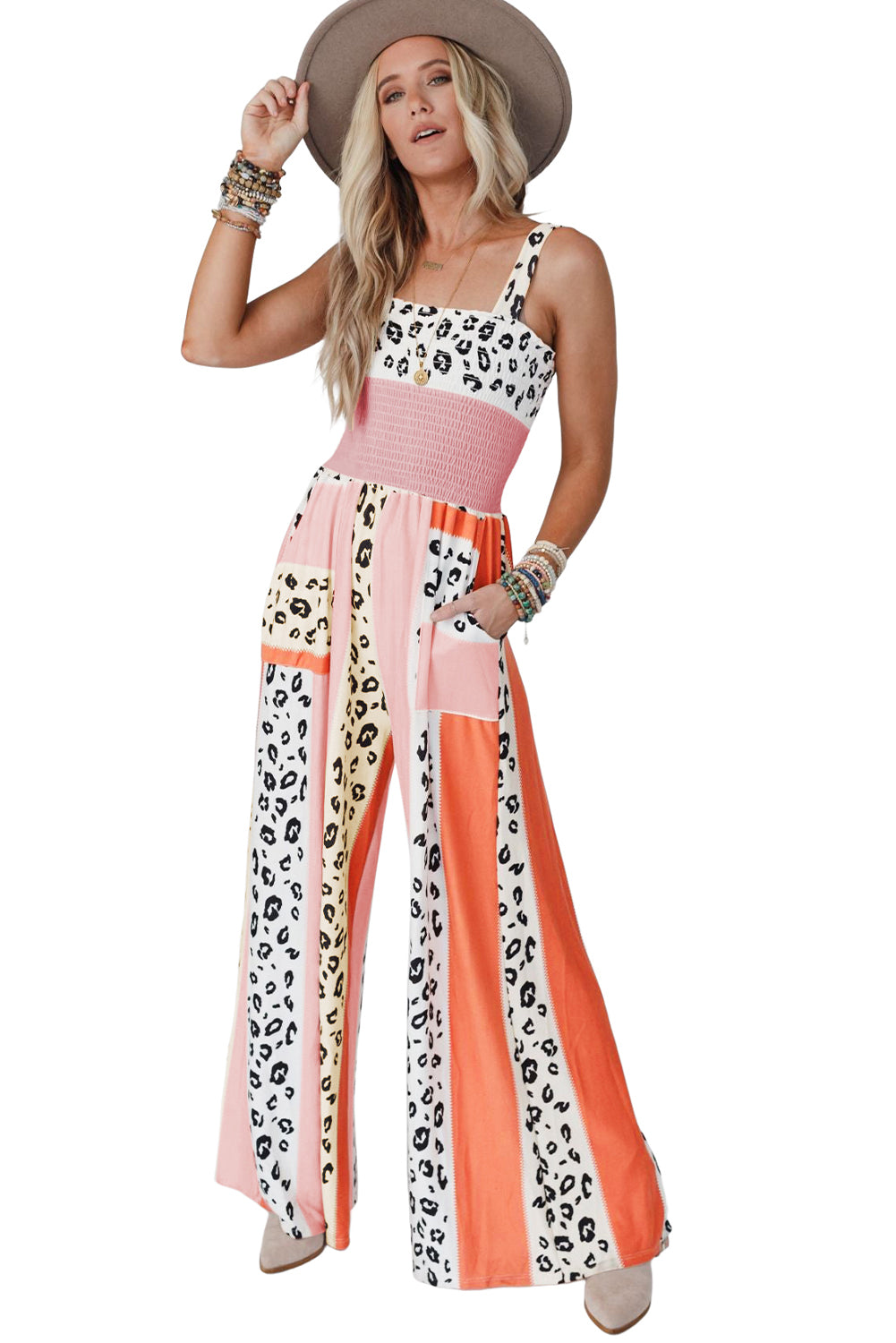 Red Leopard Color Block Mix Print Straps Jumpsuit