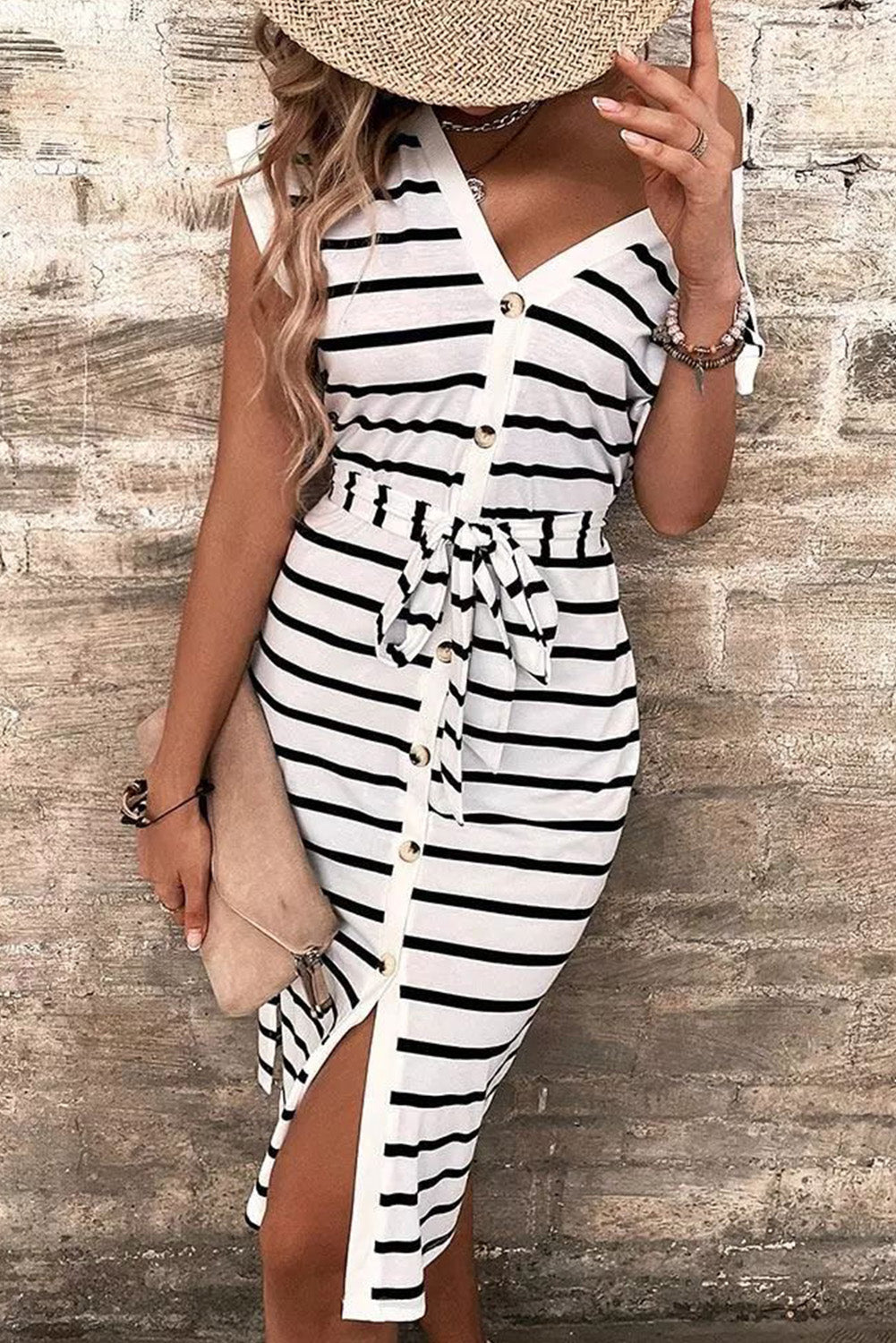 Striped Button Belted Casual V-Neck Midi Dress