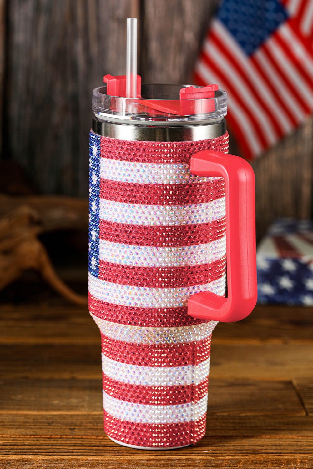 Red Rhinestone American Flag Print Handle 40oz Thermos Tumbler