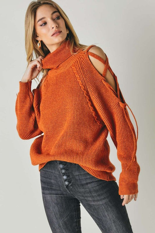 Solid Turtleneck Cutout Long Sleeve Sweater