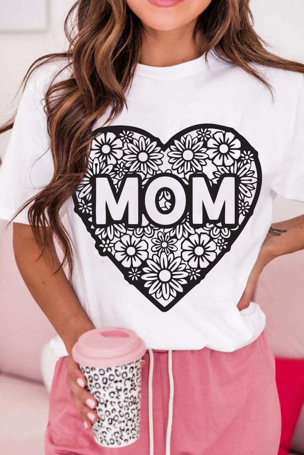 White MOM Flower Heart Shaped Graphic Crewneck T Shirt