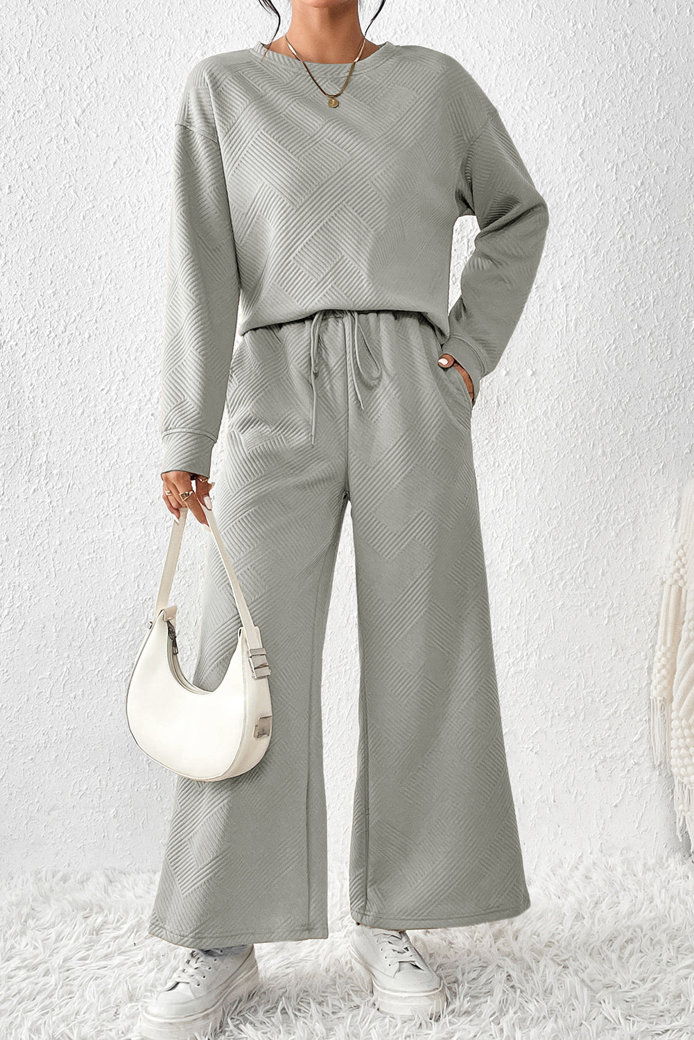 Beige Textured Loose Slouchy Long Sleeve Top and Pants Set