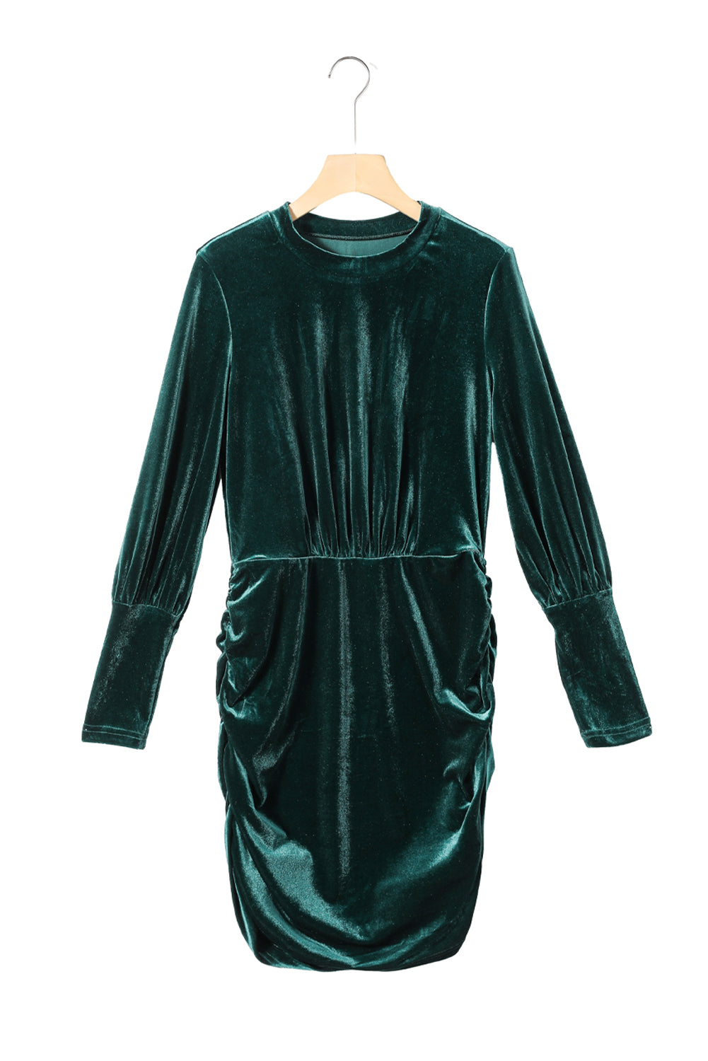 Green Velvet Puff Sleeve Ruched Bodycon Dress