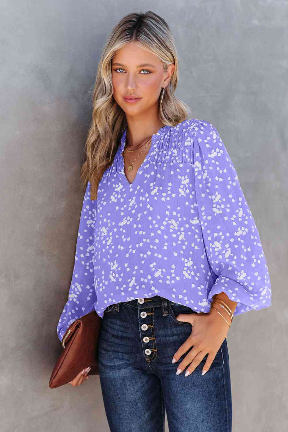 Double Take Printed Notched Neck Smocked Blouse