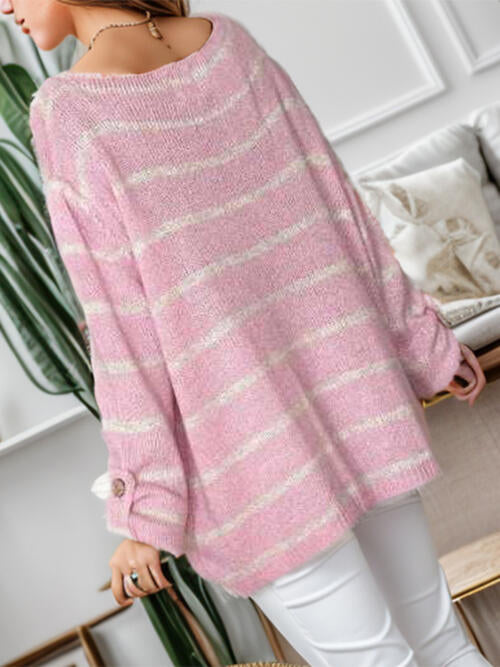 Striped Buttoned Long Sleeve Sweater with Pocket