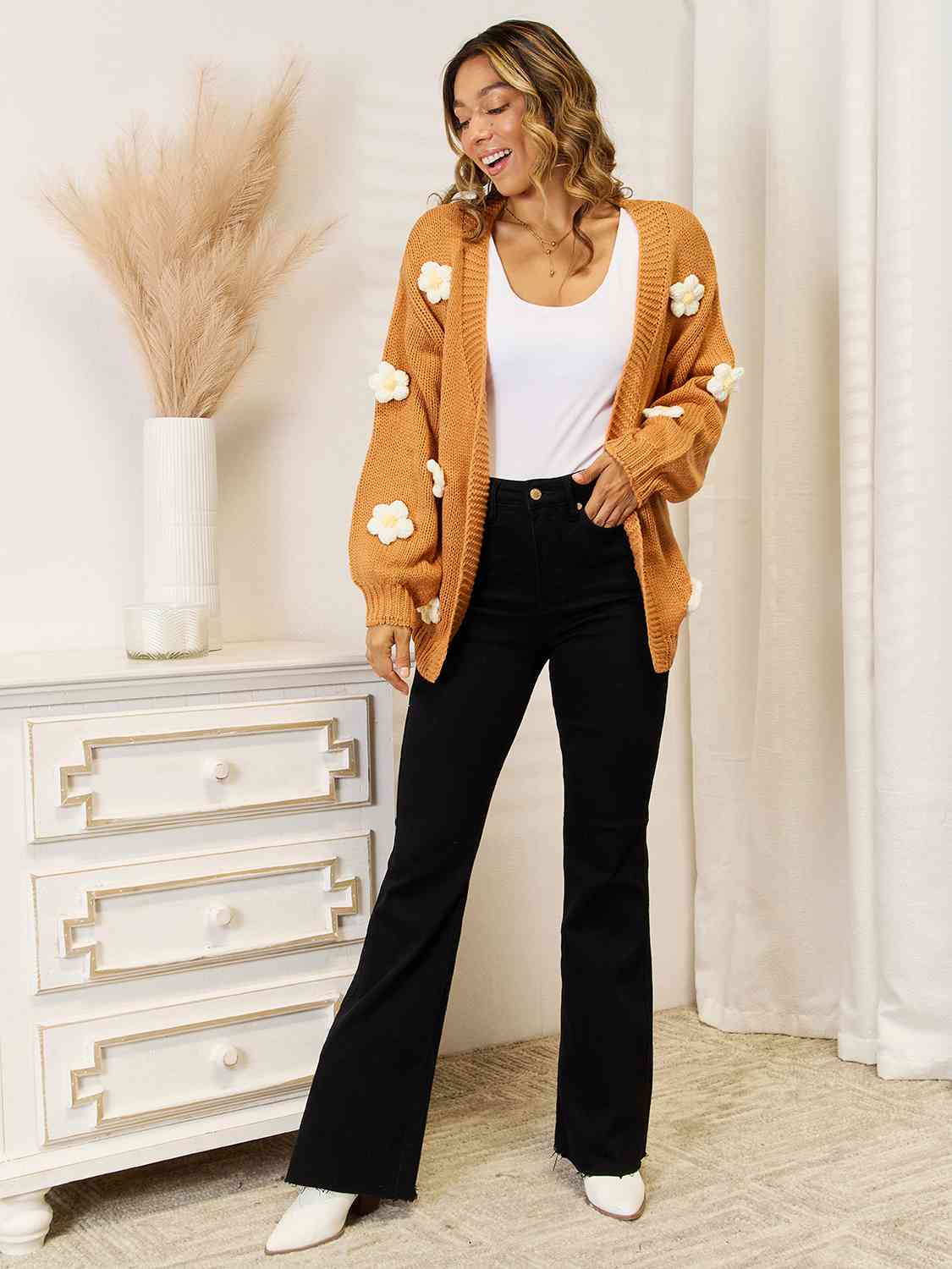 Flower Dropped Shoulder Open Front Cardigan