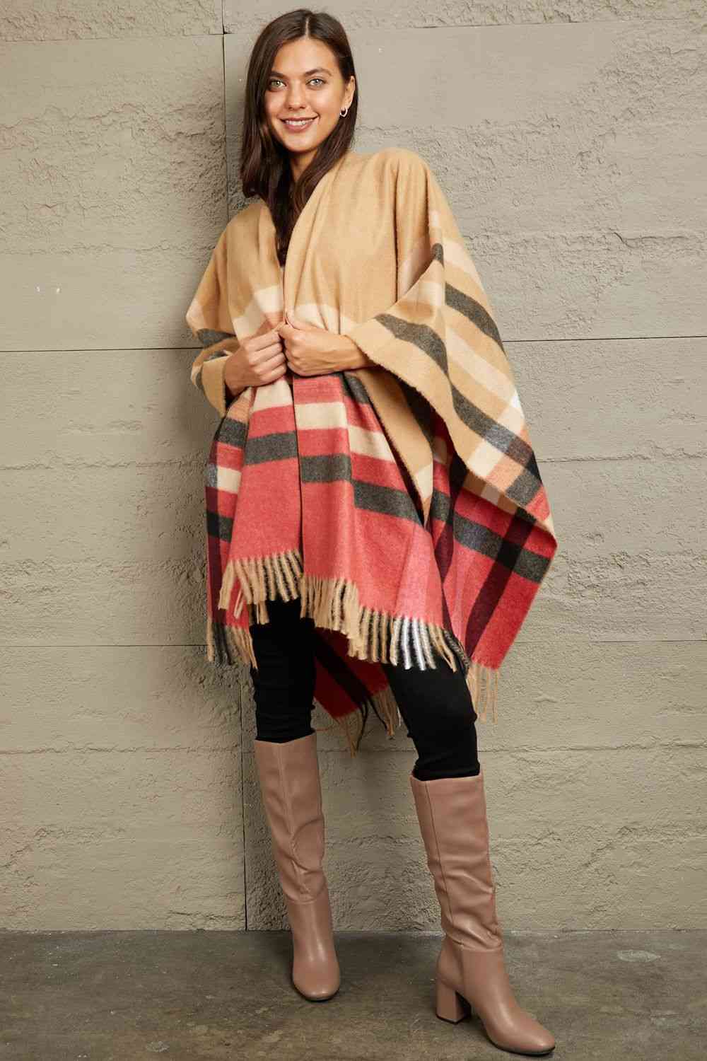 e.Luna Plaid Shawl Poncho Cardigan