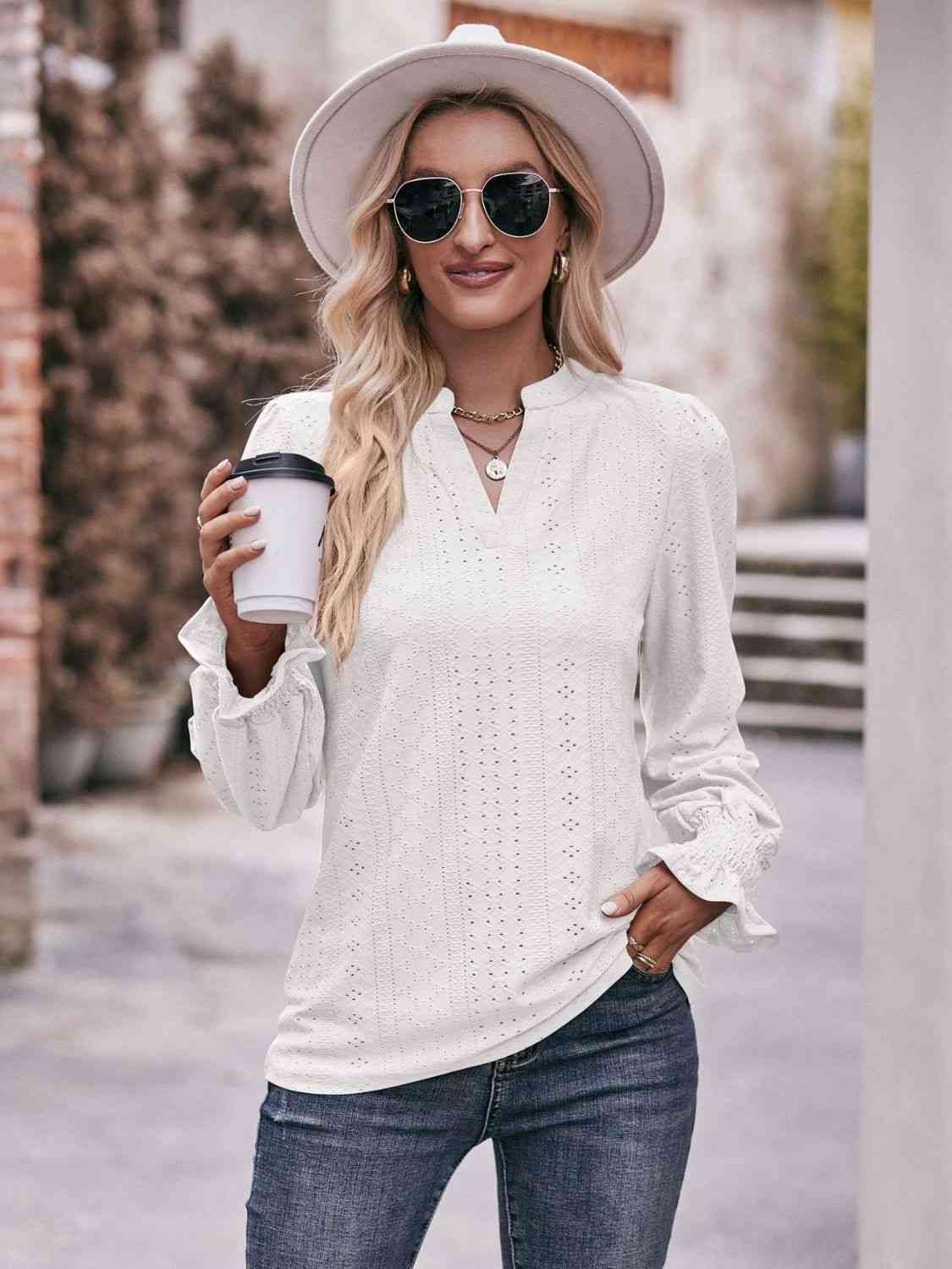 Double Take Eyelet Notched Neck Flounce Sleeve Blouse