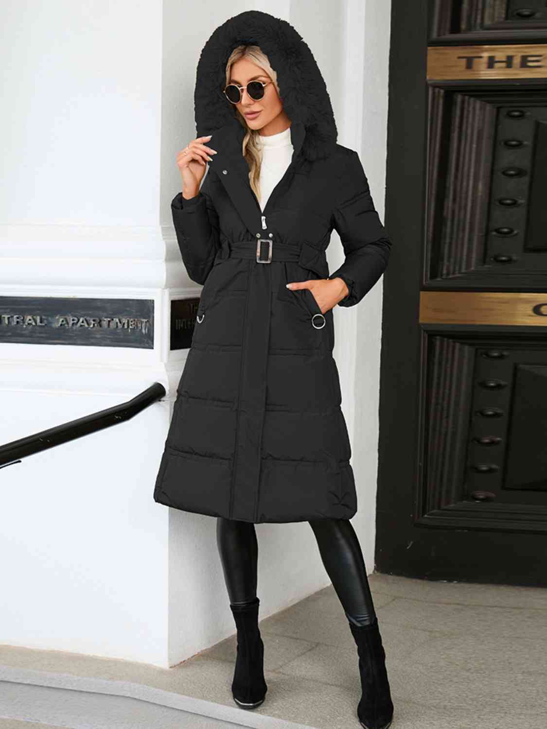 Longline Hooded Winter Coat with Pockets