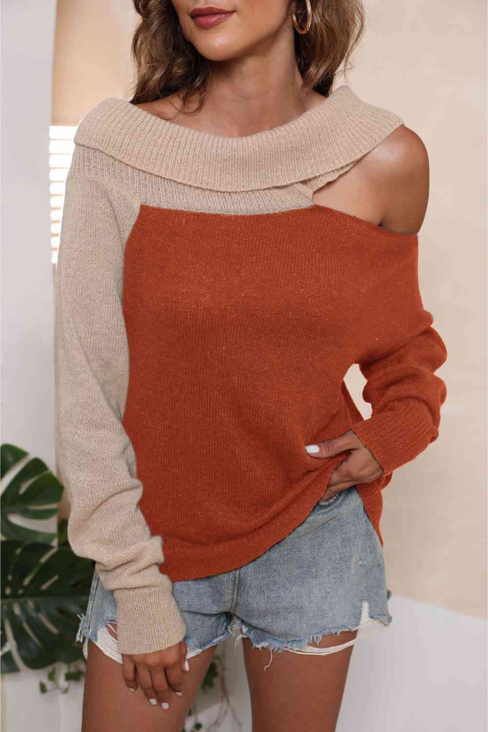 Asymmetrical Long Sleeve Two-Tone Cutout Sweater