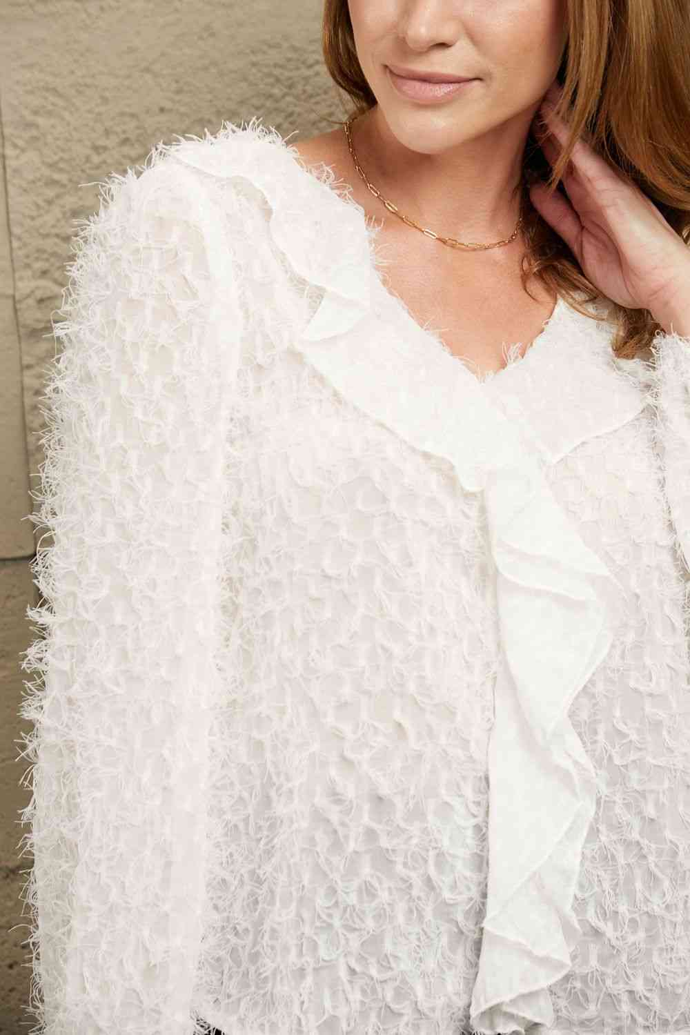 Double Take Ruffle Hem Fringe V-Neck Balloon Sleeve Blouse