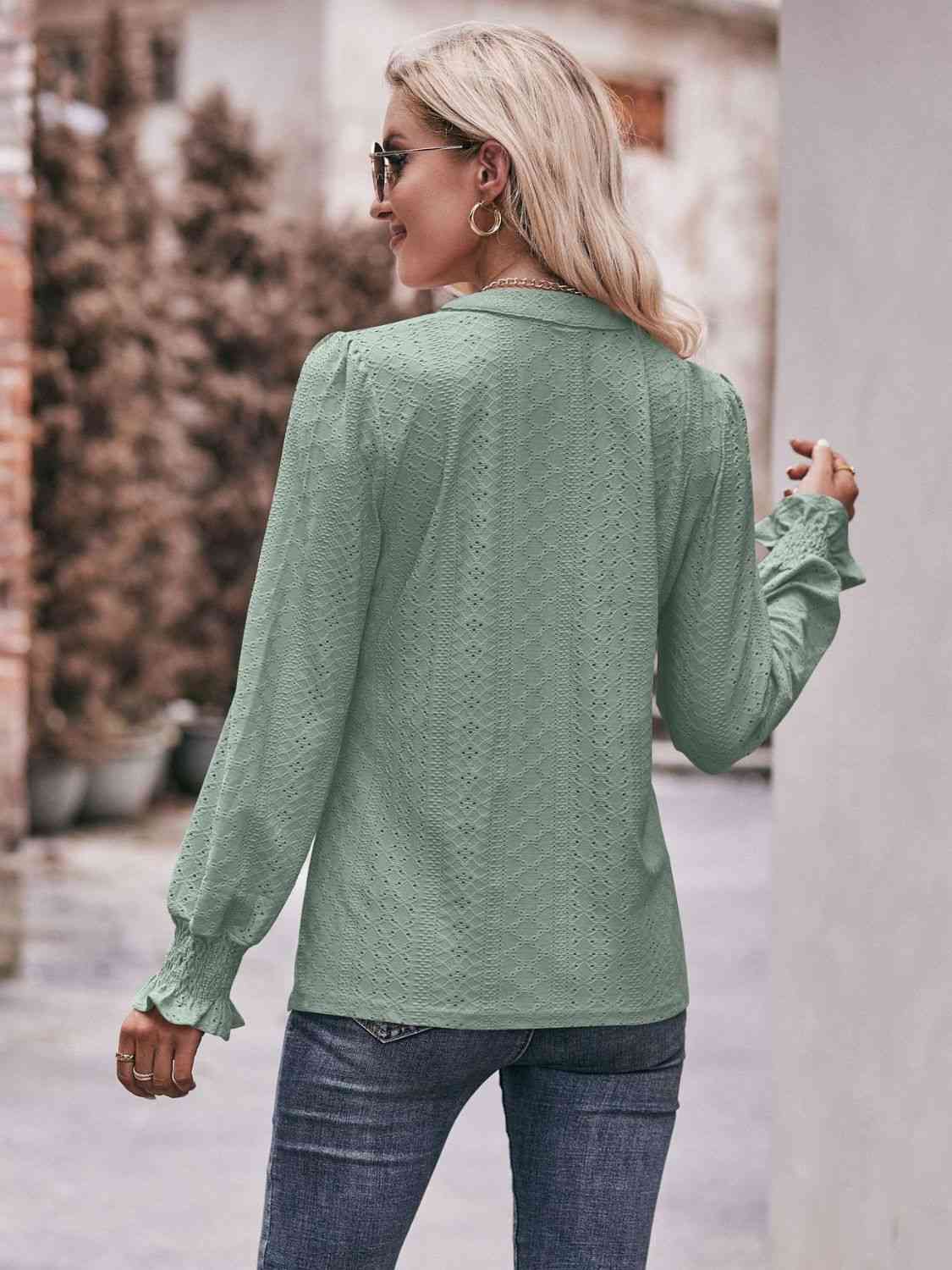 Double Take Eyelet Notched Neck Flounce Sleeve Blouse