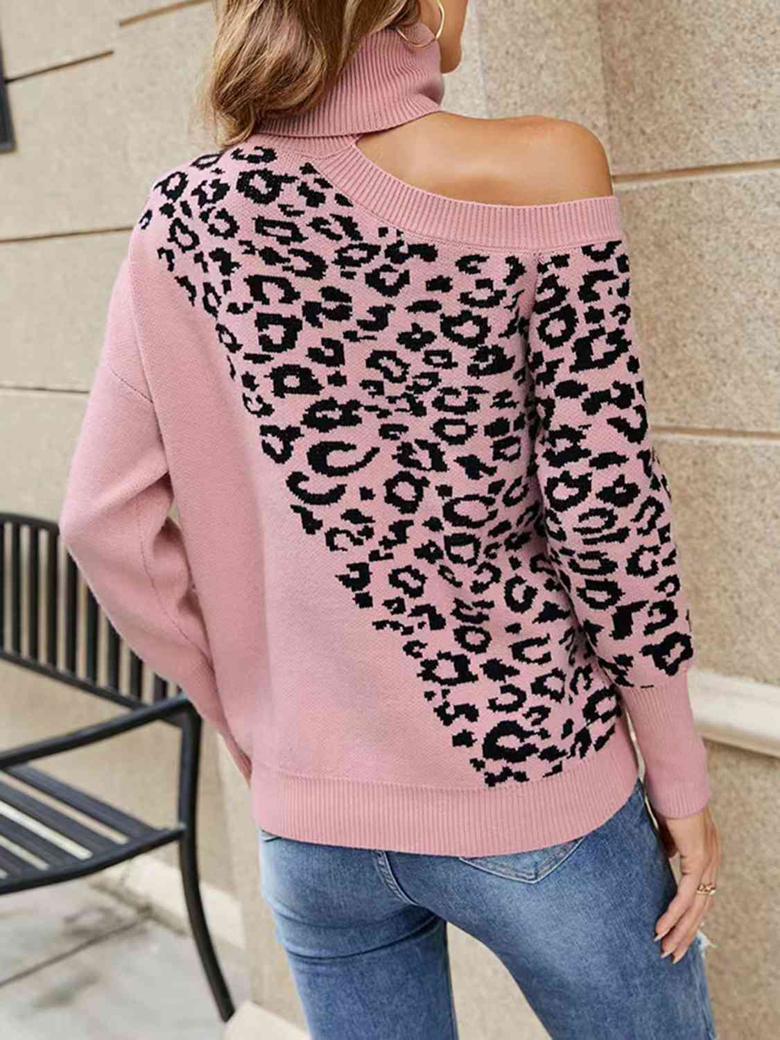 Leopard Turtleneck Cold Shoulder Long Sleeve Sweater