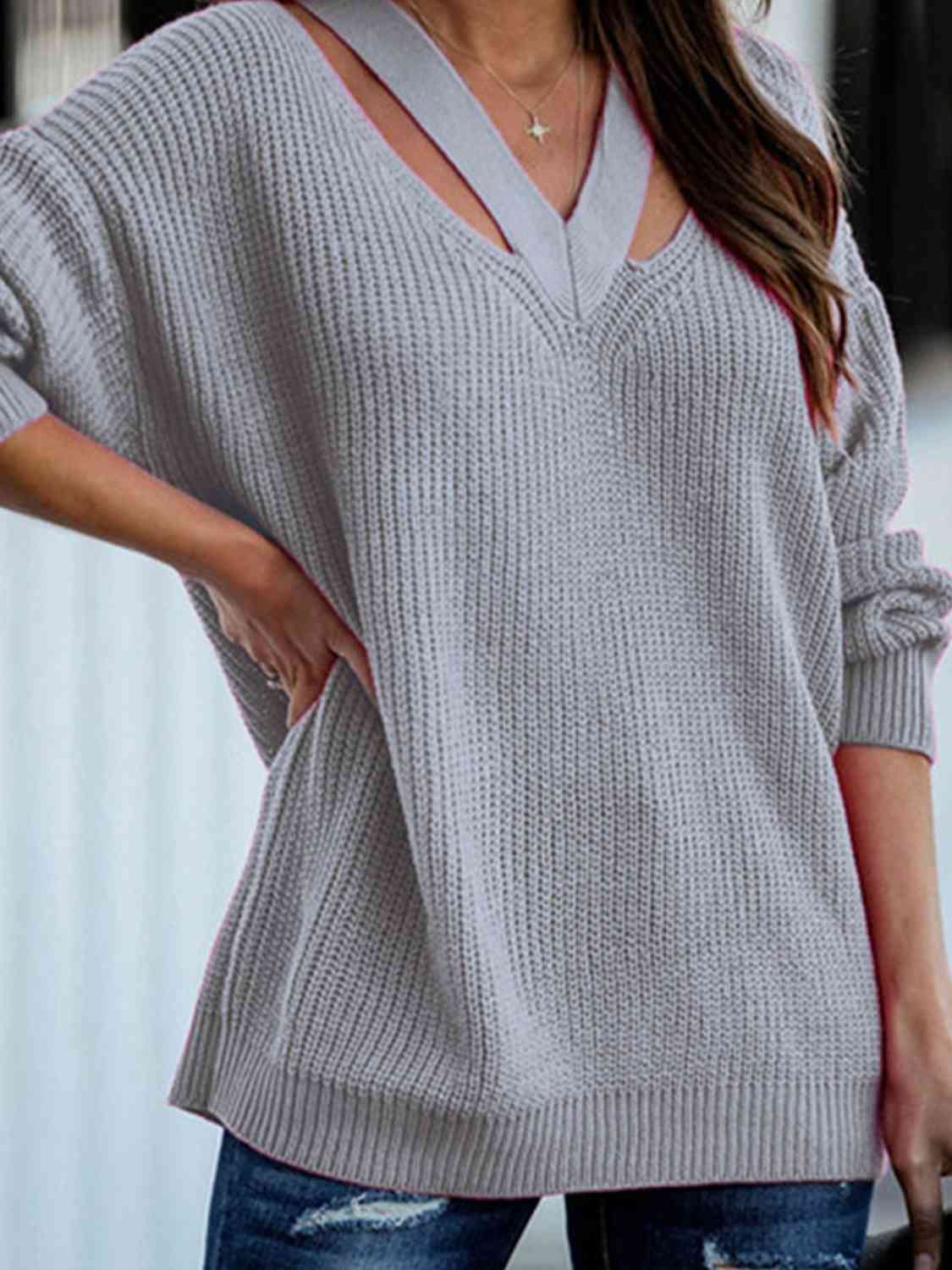 Full Size Cutout V-Neck Rib-Knit Sweater