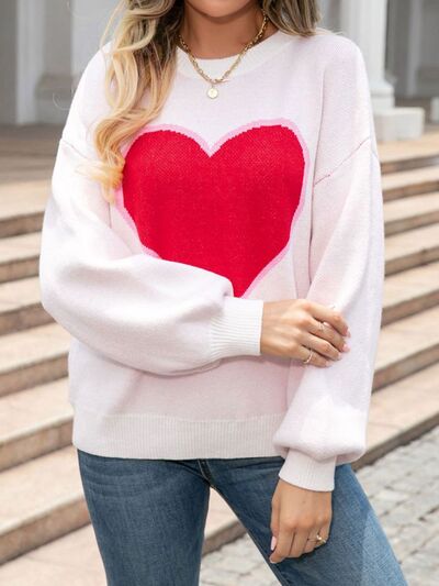 Heart Round Neck Long Sleeve Sweater