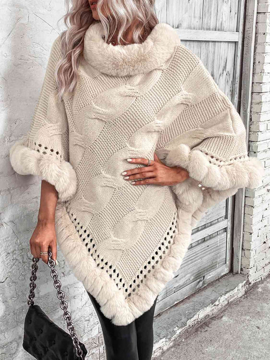 Faux Fur Trim Cable-Knit Poncho