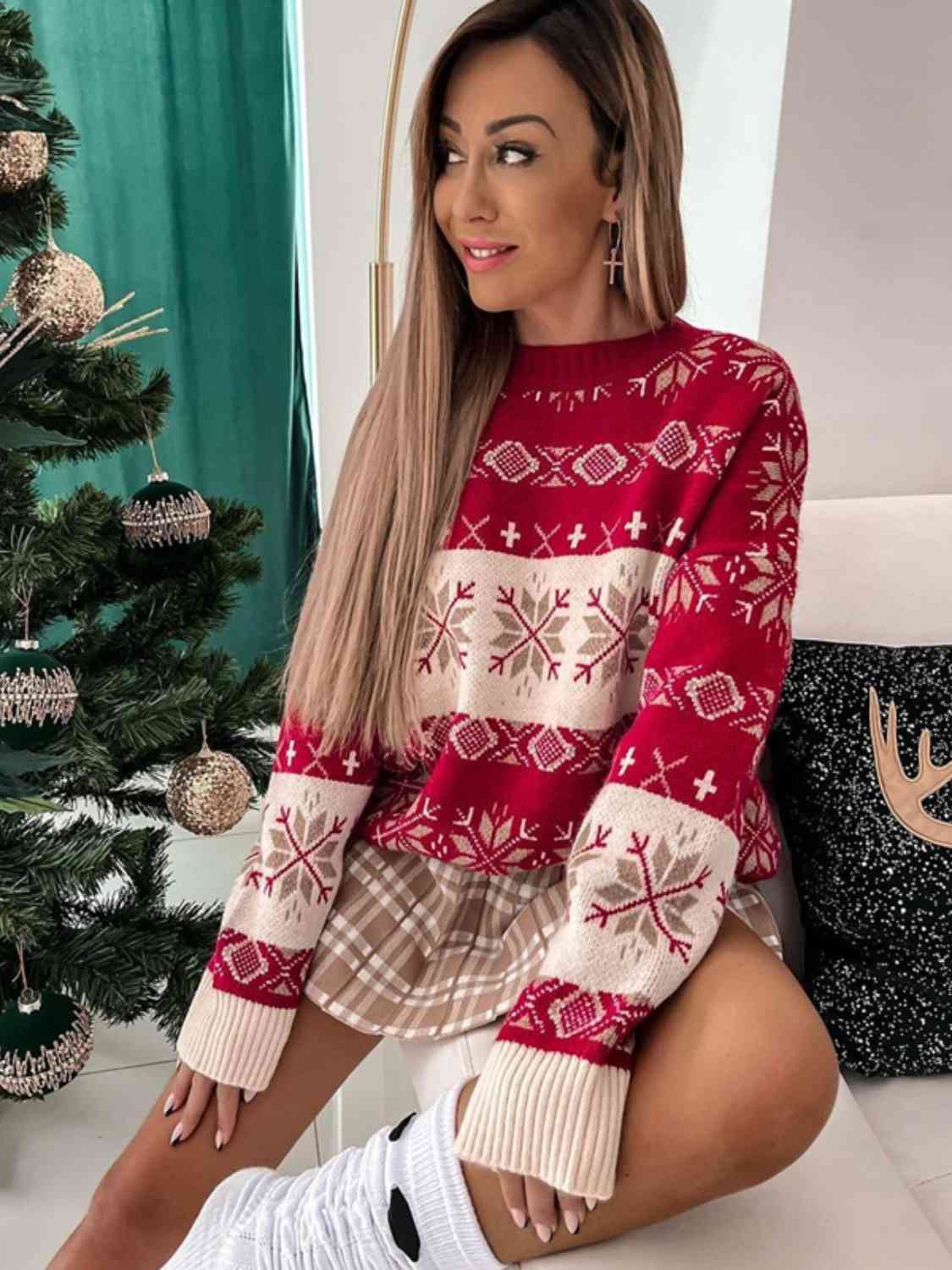 Snowflake Pattern Dropped Shoulder Sweater