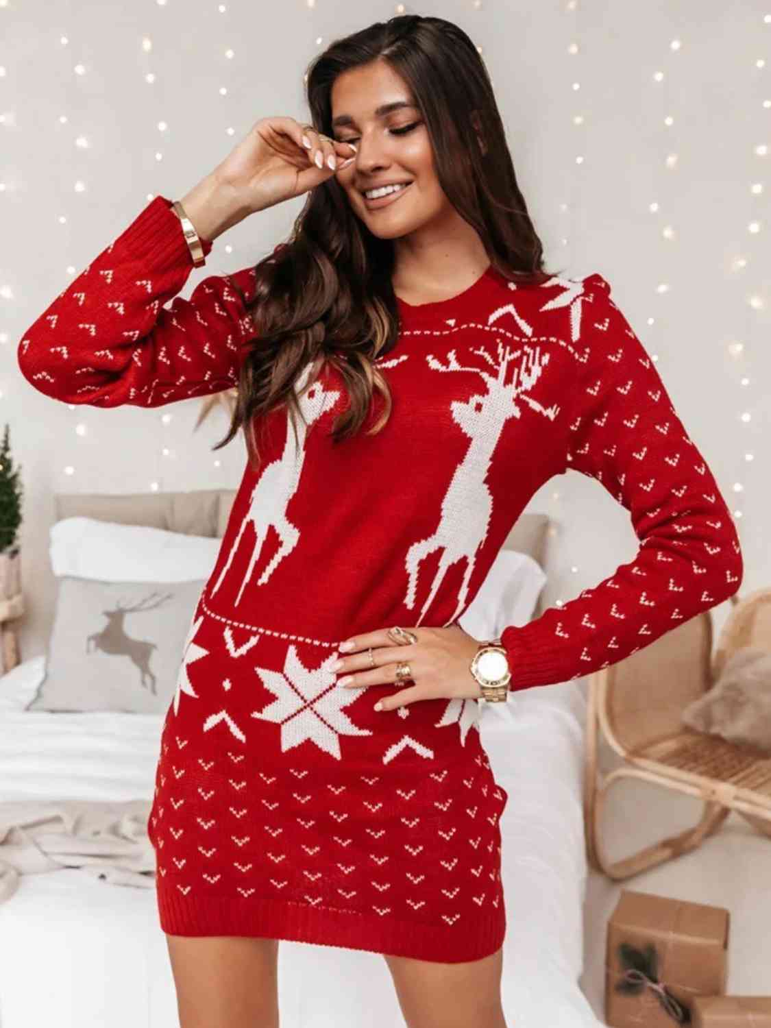 Reindeer Print Tunic Sweater Dress