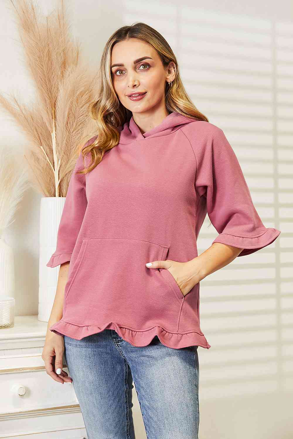 Full Size Raglan Sleeve Ruffled Hoodie with Pocket