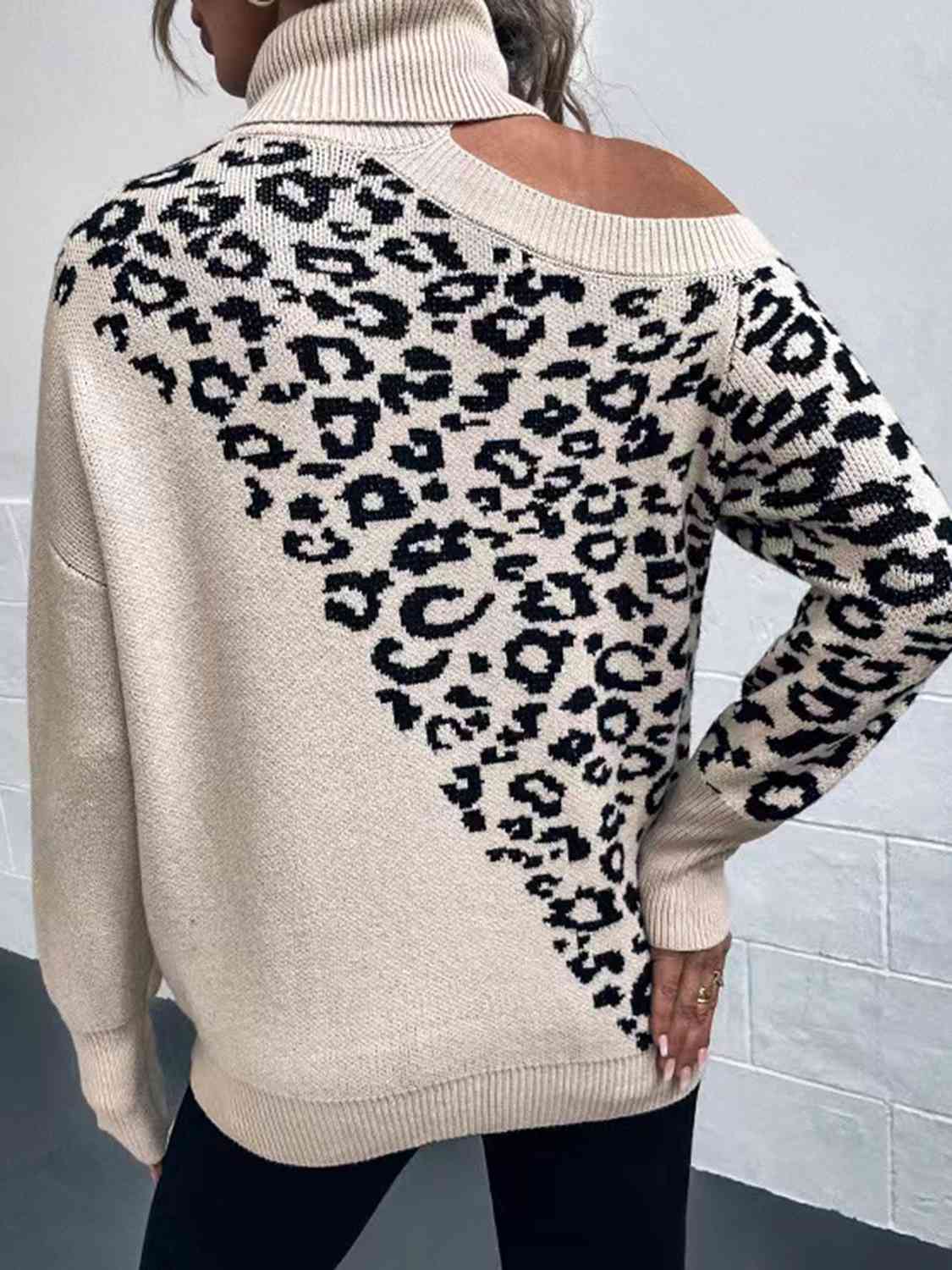 Leopard Turtleneck Cold Shoulder Long Sleeve Sweater