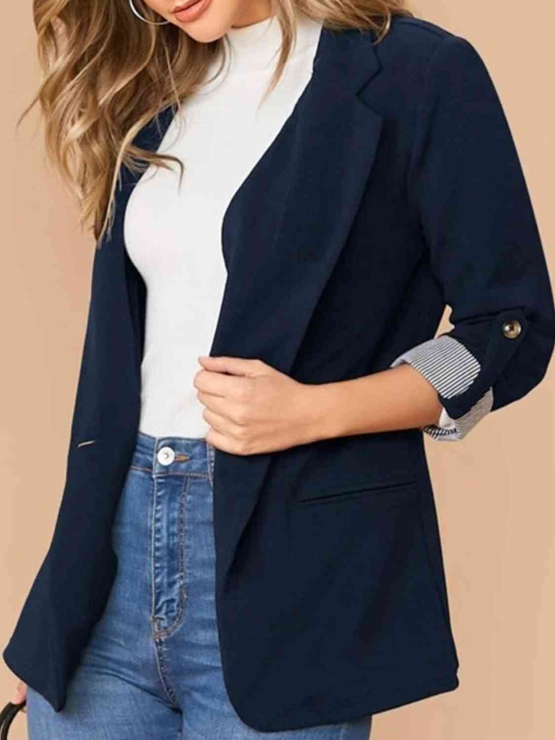 Lapel Collar Roll-Tab Sleeve Blazer