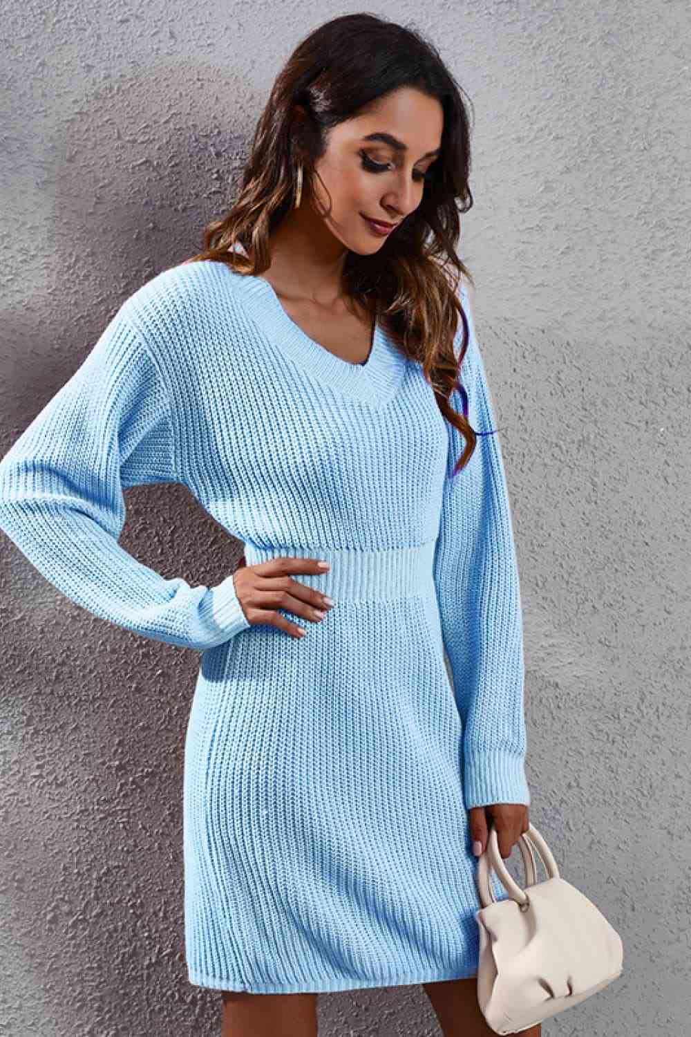 V-Neck Long Sleeve Rib-Knit Sweater Dress