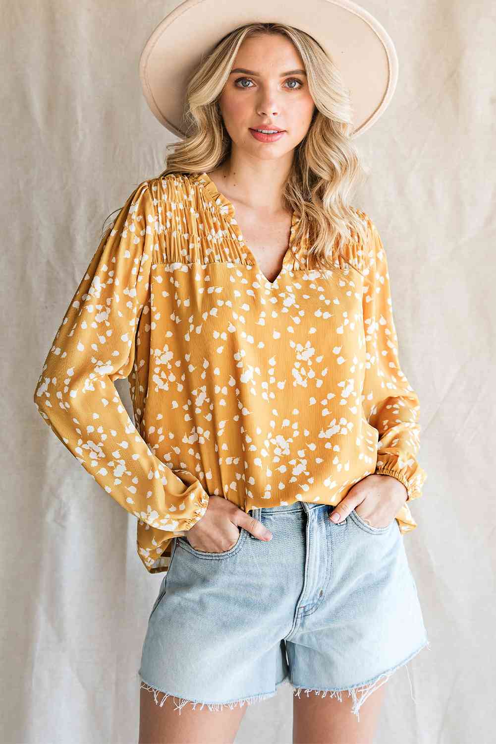 Double Take Printed Notched Neck Smocked Blouse