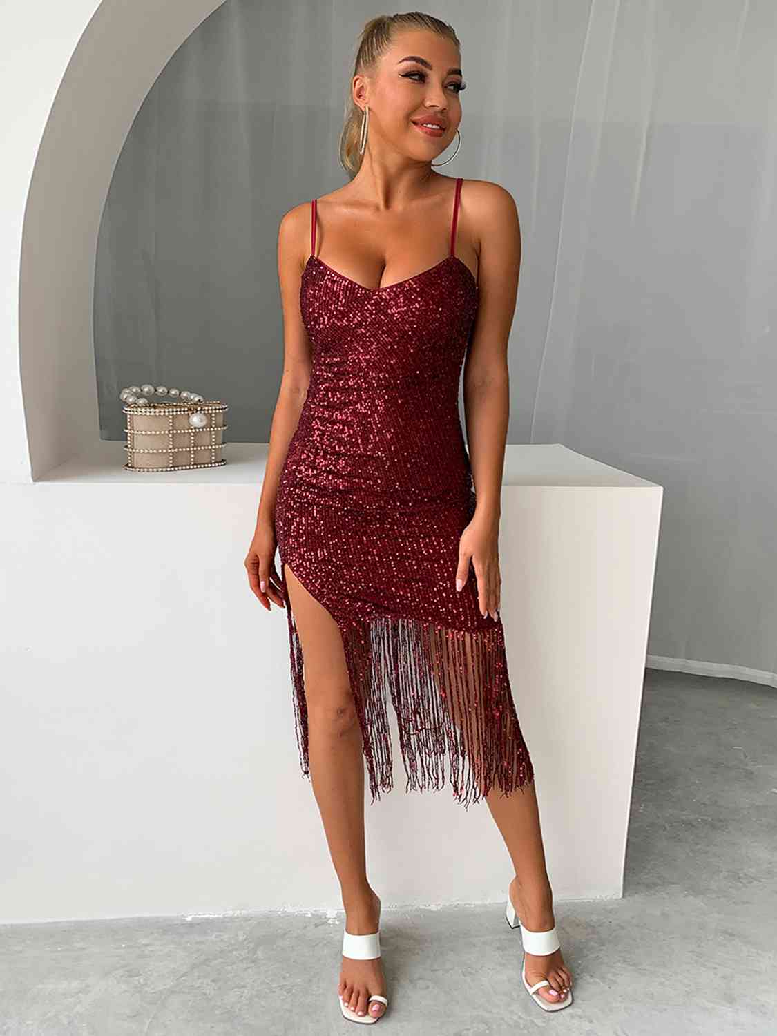 Sequin Fringe Spaghetti Strap Dress