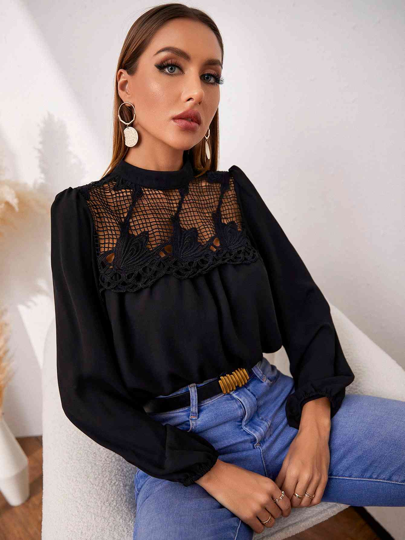 Openwork Round Neck Puff Sleeve Blouse