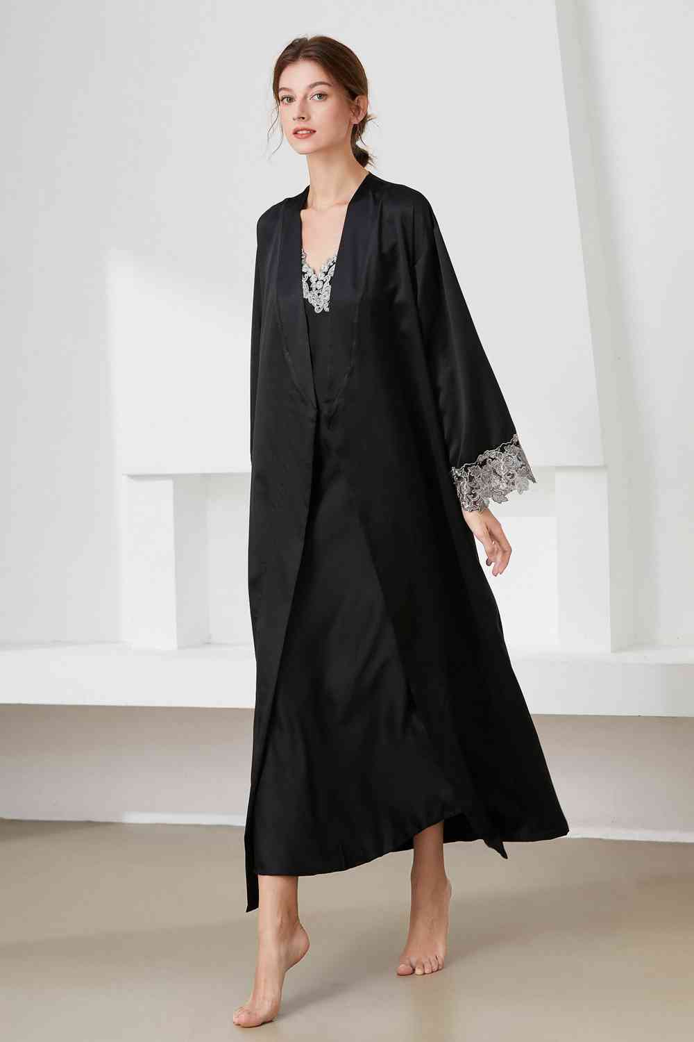 Contrast Lace Trim Satin Night Dress and Robe Set