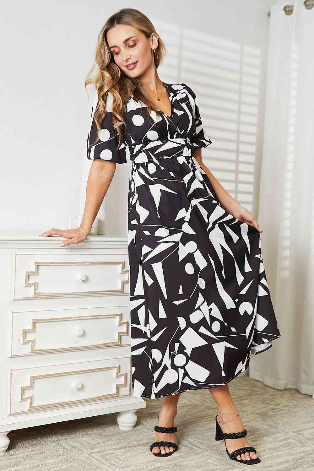 Double Take Printed Surplice Balloon Sleeve Dress