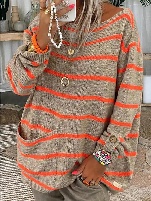 Striped Buttoned Long Sleeve Sweater with Pocket